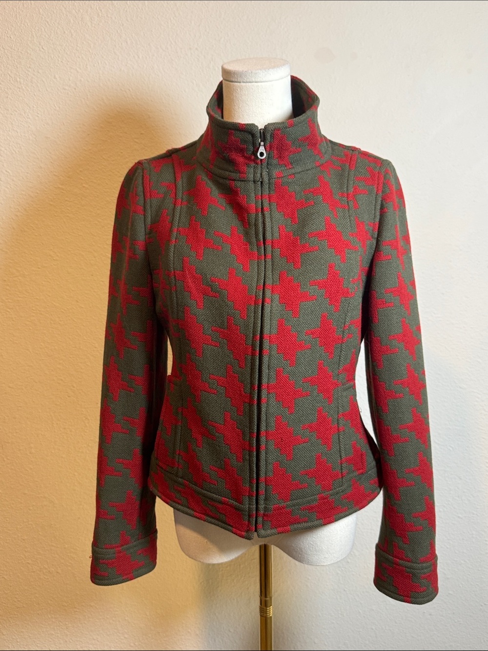 JAEGER Red & Olive Houndstooth Zip-Front Wool Jacket size 10